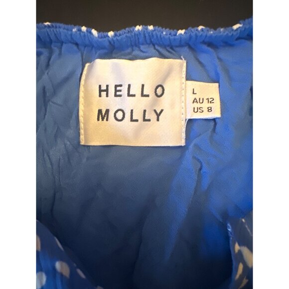 Hello Molly Blue Polka Dot Dress Size L US8 Milkmaid Coquette Cottage Prairie - Picture 3 of 6